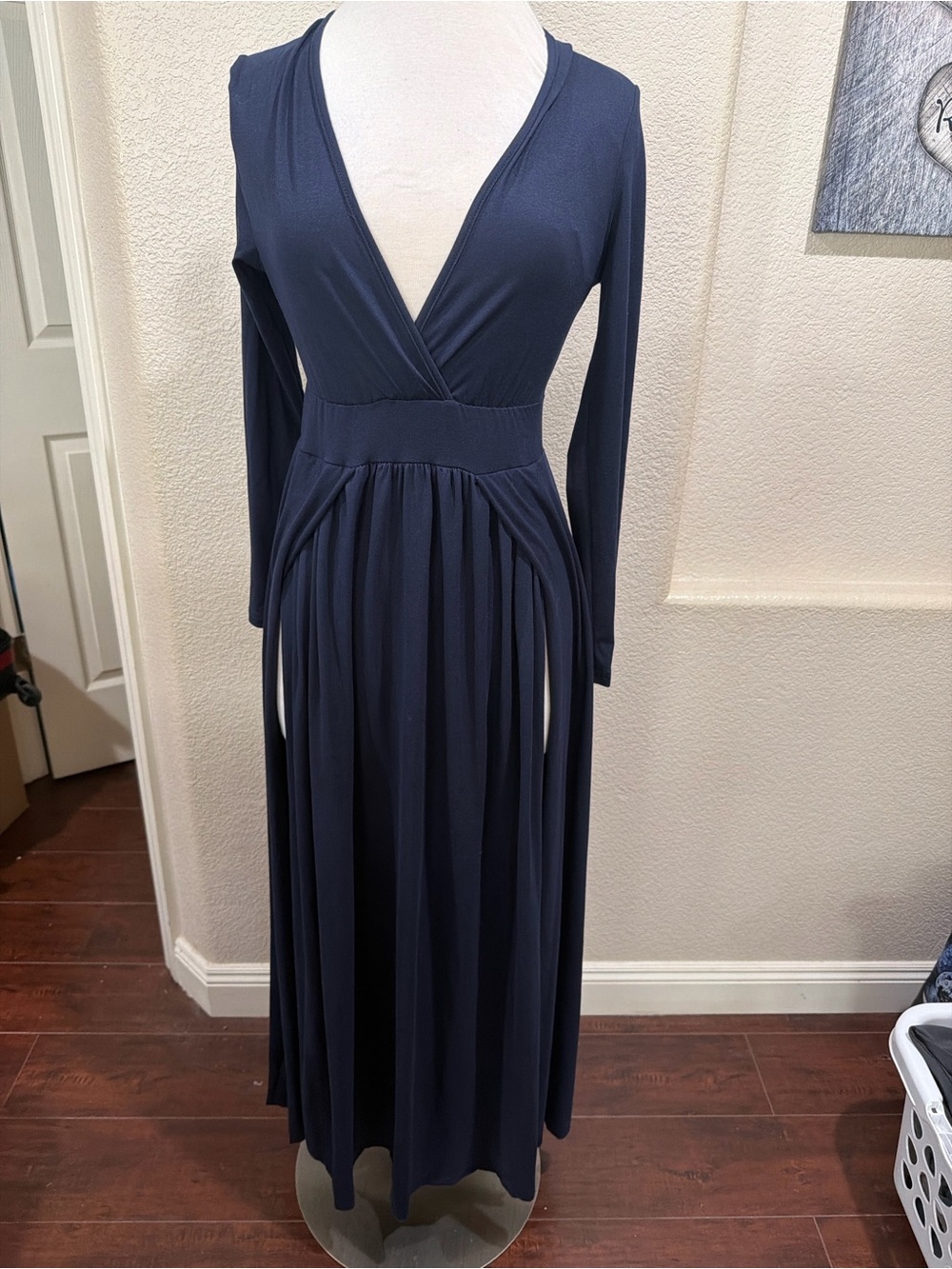 SHEIN Navy Blue Long Sleeve Wrap Maxi Dress